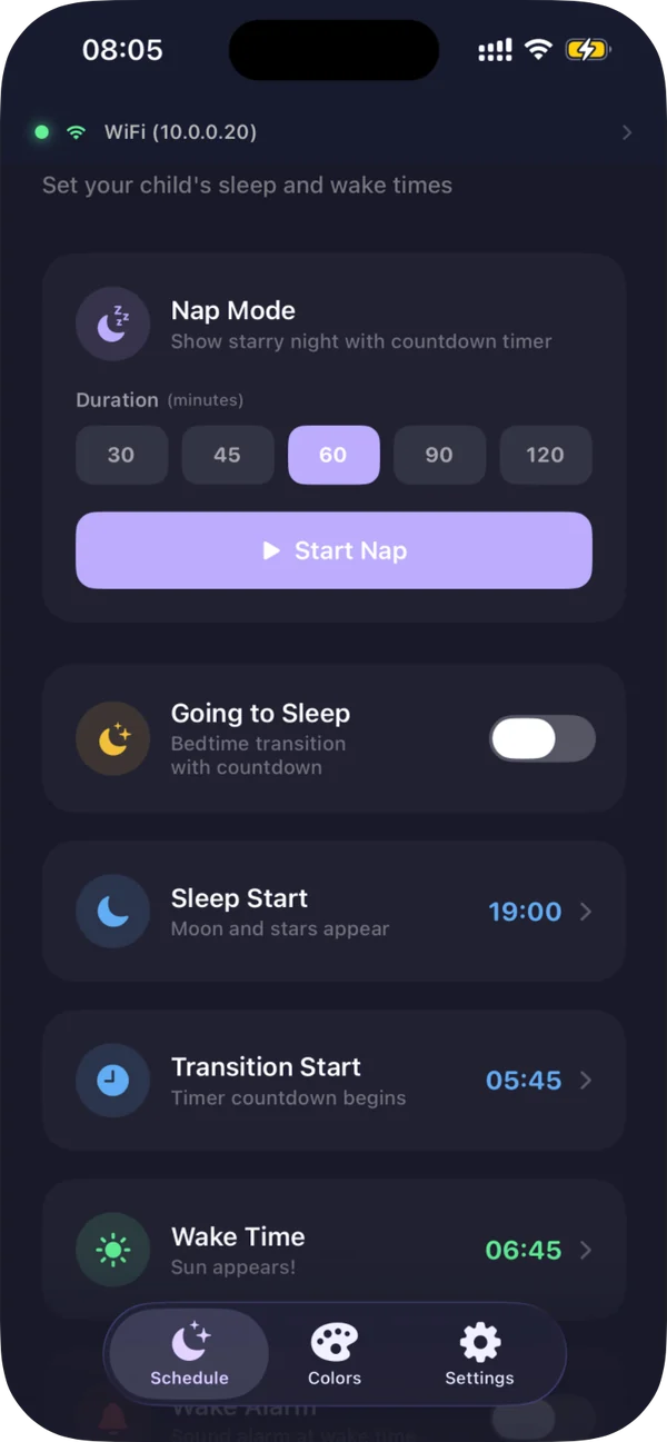 Cozy Critter iPhone app screen showing the sleep, transition and wake time pickers used to set a toddler wake clock without WiFi