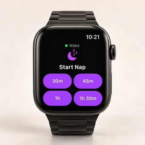 Cozy Critter Apple Watch app showing Start Nap with 30 minute, 45 minute, 1 hour and 1 hour 30 minute buttons for a toddler wake clock