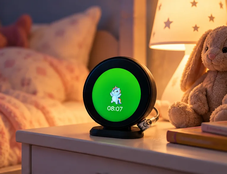 Cozy Critter OK-to-wake clock on a nightstand next to a stuffed bunny, showing the green wake screen that tells a toddler getting up is allowed