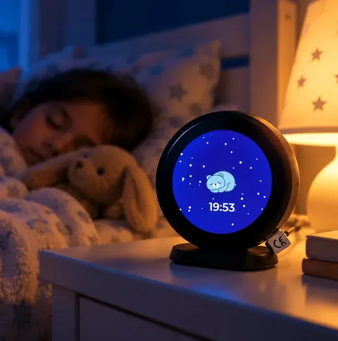 Cozy Critter toddler clock on a nightstand showing a sleeping bear under stars, the signal to stay in bed