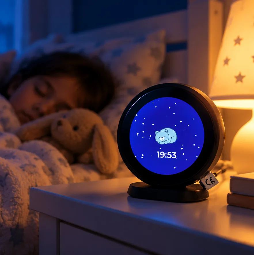 A child asleep with a stuffed bunny beside Cozy Critter, which shows a sleeping bear and stars on a deep blue screen