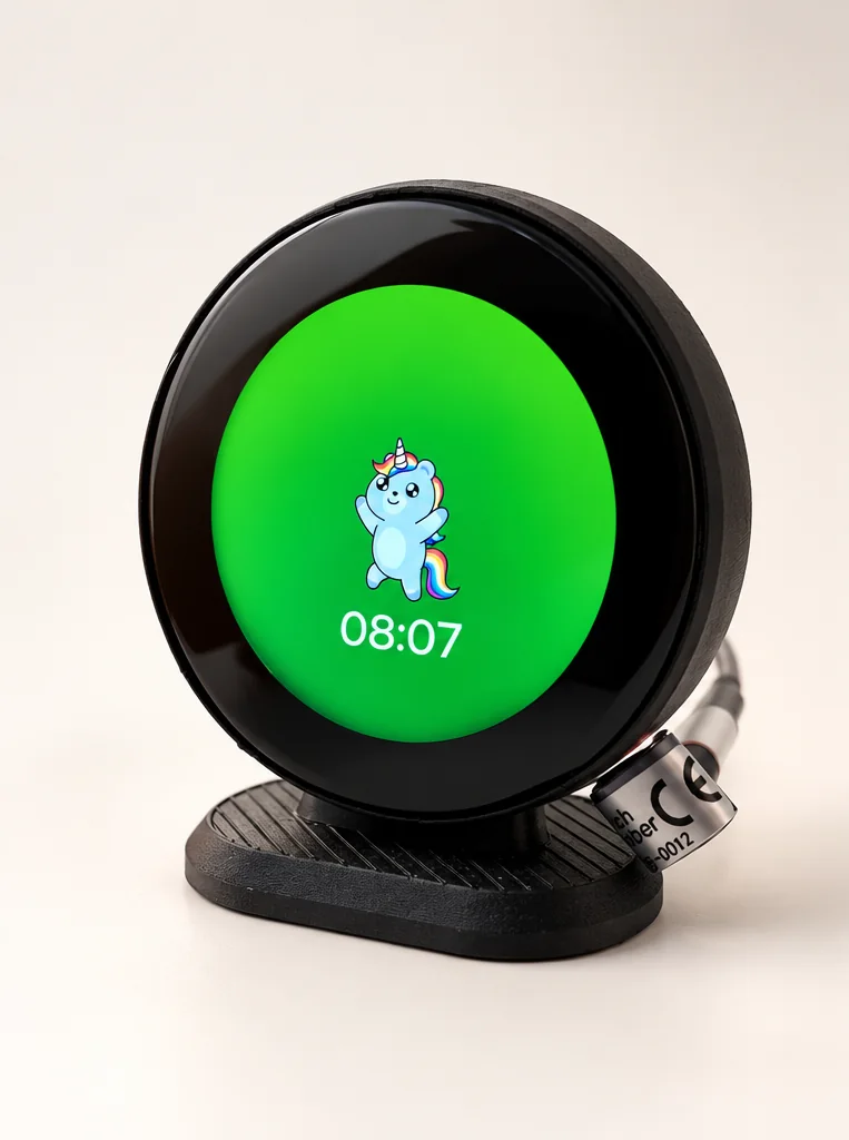 Cozy Critter clock on its stand, showing the green wake screen with a unicorn critter and the time 08:07