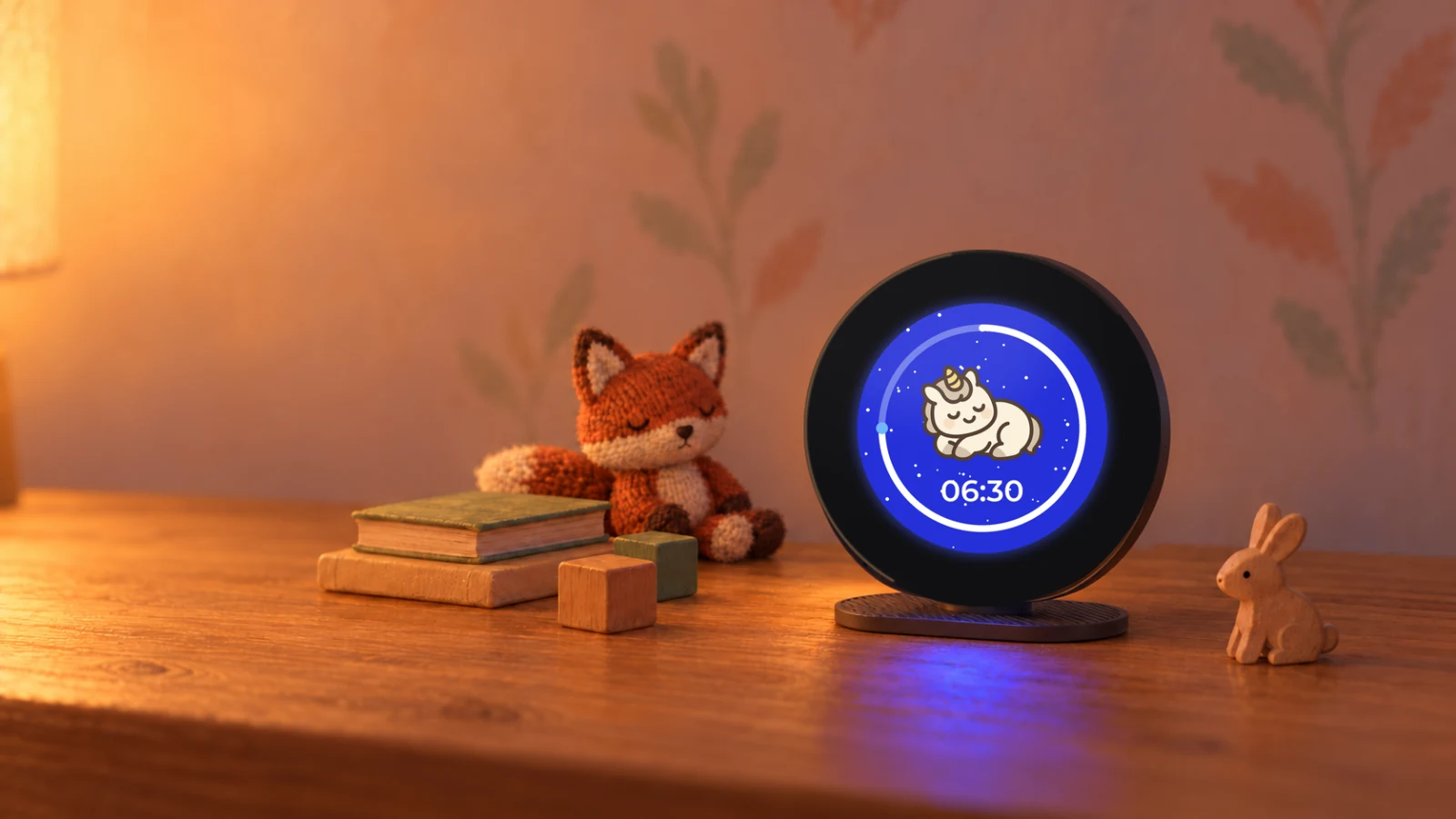 Cozy Critter on a bedside table beside a knitted fox, wooden blocks and books, showing a sleeping unicorn with a white ring three quarters of the way around the screen