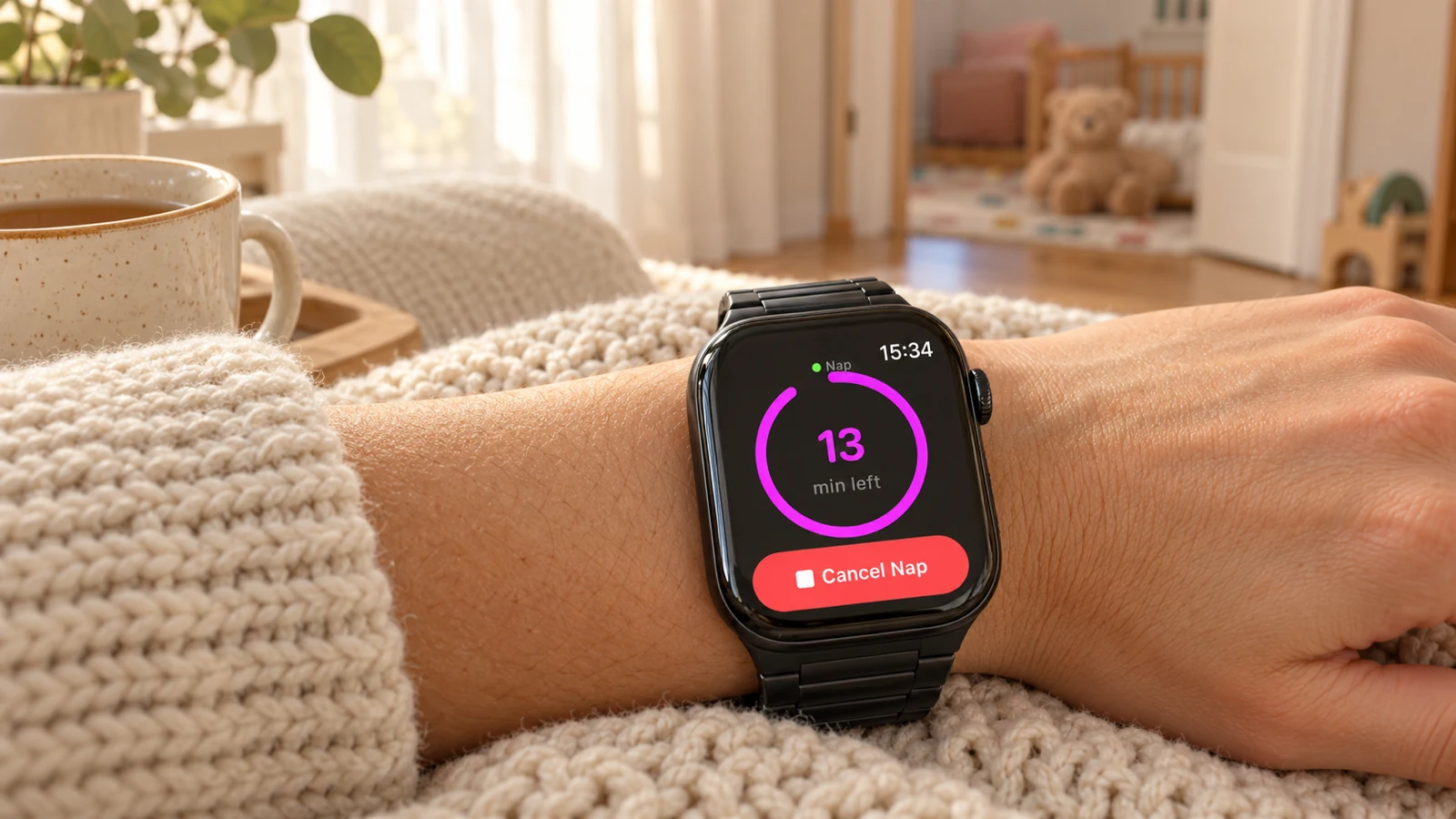 A parent's wrist resting on a knitted throw, the Cozy Critter watch app showing a nap ring with 13 minutes left and a Cancel Nap button